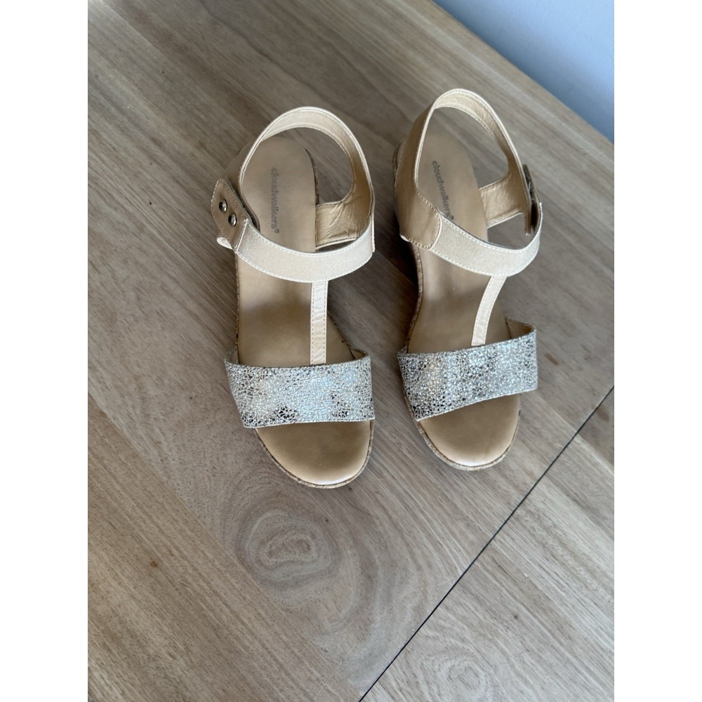 CloudWalkers Gold Sparkle T-Strap Wedge Sandals – Size 9W Wide Width - Picture 3 of 6